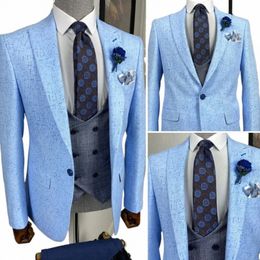 wedding Mens Suit Sky Blue Blazer Sets Slim One Butt 3 Pieces Custome Homme Tuxedo Gentleman Elegant Dr Jacket+Pants+Vest 05mN#