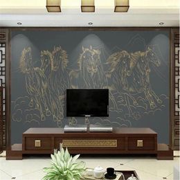 Wallpapers MIlofi Golden Embossed Line Eight Horse Figure Light Luxury TV Background Wall Decoration Painting Wallpaper