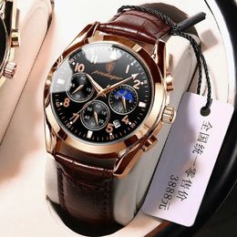 POEDAGAR Fashion Watches Mens Sport Luxury Brand Waterproof Genuine Leather Quartz Clocks Luminous Calendar Male Wristwatch 240318
