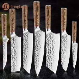 Stainless Steel Chef Knife Set 1-7PCS Forged Non-Stick Sharp Santoku Cleaver Kiritsuke Slicing Boning Knives Color Wood Handle