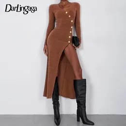 Casual Dresses Asymmetrical Brown Knitted Autumn Dress Sexy Split Buttons Slim Elegant Long Ladies Clubwear Basic 2024