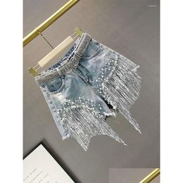 Jeans da donna 2023 Pantaloncini di jeans primavera estate per le donne Pantaloni corti a gamba larga europei a vita alta con fondo strappato strappato con frange Dhd7F