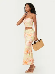 Work Dresses Women 2 Piece Long Skirt Sets Floral Print Strapless Crop Tube Top Bodycon Maxi Skirts Y2k Two Outfit