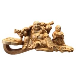 Sculptures Wooden carving Ruyi ingot Maitreya Decorative figure statue Solid wood hand carving Chinese mascot Home roomdecoration ornaments