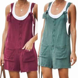 2024 Summer New Solid Color Round Neck Butt Loose Short Jumpsuit Casual Pocket Plus Size Sleevel Women Rompers Playsuits c04Z#
