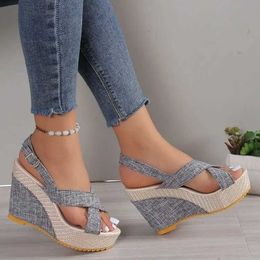 Sandals Plus Size 35-42 Womens Ankle Buckle Wedge Summer Denim Comfortable Thick Sole H2403289HCC