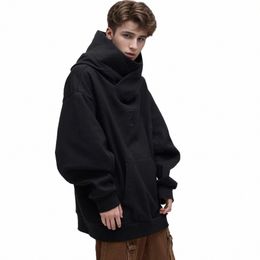 Hip Hop dolcevita oversize con cappuccio da uomo Harajuku tinta unita con cappuccio pullover tasche sportive felpa streetwear maschile top N7Fy #