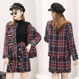 Work Dresses 2024 Autumn Winter Runway Red Plaid Tweed 2 Piece Set Women Vintage Jacket Coat Mini Tassel Wool Blend Skirt Suits