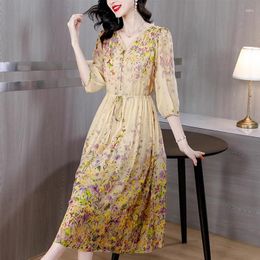 Casual Dresses Spring Summer Long Sleeve Luxury Vacation Dress 2024 Boho Floral Silk Elegant Beach Korean Vintage Evening Maxi Prom