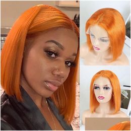 Lace Wigs Orange Coloured Front 100% Human Hair Pre Plucked Straight Short Bob Wig For Black Women Drop Delivery Products Dhyae