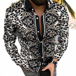 men Leopard Print Butt Down Muscle Fitn Shirts Baroque Lg Sleeve Party Dr Up Clubwear Party Shirts Clothes J9Pn#