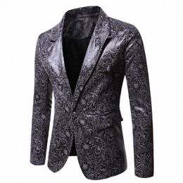 spring Mens Bright Surface Blazer Jacket Fi Shawl Collar One Butt Suit Blazer Men Printing Stage Singer Costume Homme A30k#