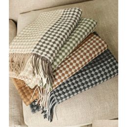 Blankets 120-200Cm European Cashmere Blanket Woven Soft 100% Wool Shawl Portable Warm Sofa Travel Fleece Knitted Double-Sided 3 Colours Dhbf4