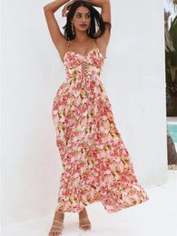 Casual Dresses V Neck Bohemian Floral For Women 2024 Spaghetti Strap Ruffle Flowy Long Dress Party Beach Maxi