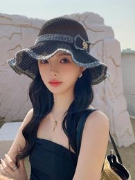 Berets Fashion Women's Summer Bucket Hat Belt Decoration UV Protection Sun Cap Female Flat Top Beach Hats Travel
