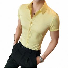 summer Men Fi Casual Short Sleeve Solid Shirt Super Slim Fit Male Social Busin Dr Shirt Brand Men Casual Dr Blouse n7gT#