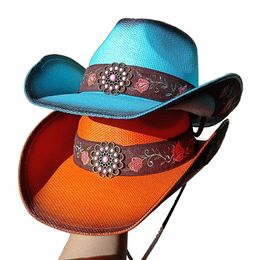 Lake Blue Cowboy Hat Straw Curled Edge Summer Thickened Sunshade Mens and Womens Beach 240326