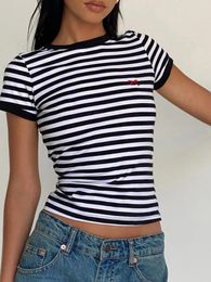 Women's T Shirts Women Summer Striped T-Shirt Bow Embroidered Short Sleeve Crop Tops Vintage Slim Baby Tee For Streetwear Aesthetic Grunge