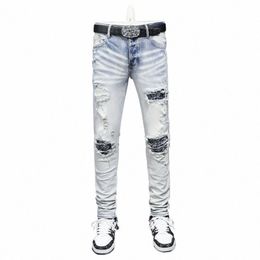 street Fi Men Jeans High Quality Light blue Stretch Skinny Ripped Jeans Men Paisley Patched Designer Hip Hop Brand Pants Z5Ip#