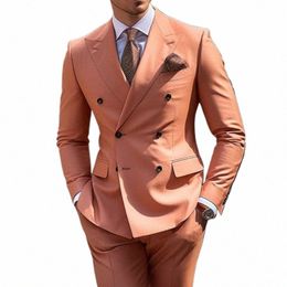 light Orange Men's Wedding Suits Solid Color 2 Piece Daily Plus Size Double Breasted Six-butts Formal Busin Suits B3r0#