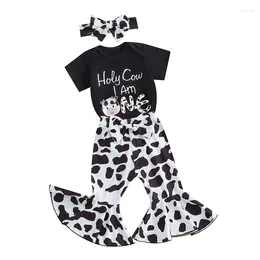 Clothing Sets Baby Girls 3PCS Pants Short Sleeve Letter Cow Print Romper Flared Headband