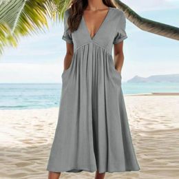 Casual Dresses Breathable Dress Midi Elegant V Neck A-line With Pleated Hem Short Sleeves Pockets Women's Summer