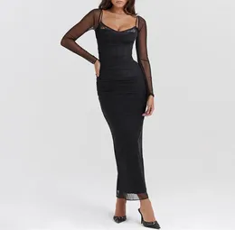 Casual Dresses Women Sexy Backless Black Perspective Long Sleeve Bodycon Dress Elegant Square Collar Vacation Outfits Mesh Party Vestidos