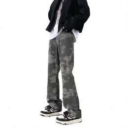 trendy Men's American Style Retro Tie-Dye Printed Micro-La Jeans Fi Slim Trousers g6Ne#