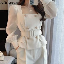 Women's Two Piece Pants Temperament Sets Clothing Double-breasted Tunic Tops High Waist Wide Leg Outfits Chic Korean Suit