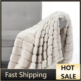 Blankets Cosy Bliss Faux Fur Throw Blanket For Couch Warm Plush Striped Sofa Bedroom Living Room 60 80 Inches Beige