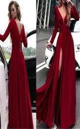 Deep Vneck Long Sleeves Aline Prom Dresses With Glamorous Split Red Prom Party Dresses Evening Gowns Custom Made4985887