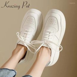 Casual Shoes Krazing Pot 2024 Ins Full Grain Leather Breathable Platform Fashion White Sneakers Lace Up Preppy Style Vulcanized