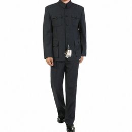 chinese Man Dark Grey Tunic Suit Set For Men Mao Suit Coat With Pants 2 Piece Set Zhgshan Blazer Jacket And Trouser Twinset p6lr#