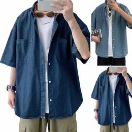 blue Denim Short Sleeve Shirts Men Summer Thin Korean Fi Top Vintage Oversize Baggy Cardigan Blouses Casual Man Clothes R2AA#