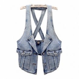 vintage Denim Vest Women Spring Autumn Fi Femme Slim Sleevel Jacket Casual Short Jeans Waistcoat Ladies Tops H1201 K6IN#