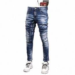 fi Streetwear Men Jeans Retro Light Blue Elastic Slim Ripped Jeans Men Painted Designer Spliced Hip Hop Denim Biker Pants q8b5#