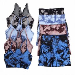 tie Dye Summer Gym Fitn Shorts Sets Seaml Ctrast Colour Casual High Waist 2PCS a7ha#