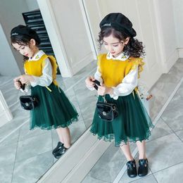 Girls' Dress 2024 New Fashionable Spring and Autumn Dress Girls' Yarn Dress Two Piece Set Skirt, Big Children's Princess Dress