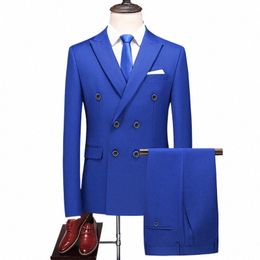 2023 Fi New Men's Busin Double Breasted Solid Color Suit Coat / Male Slim Wedding 2 Pieces Blazers Jacket Pants Trousers i88g#