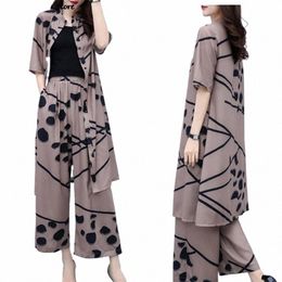 new Spring Summer Fi 2 Piece Set Women Lg Cardigan Blouse And Wide Leg Pant Sets Elegant Chiff Pants Suits 10Xw#