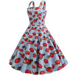 Casual Dresses 2024 Vestido Elegant Strawberry Print Strapless Summer Women 50S 60S Robe Vintage Pinup Retro Party Rockabilly Dress