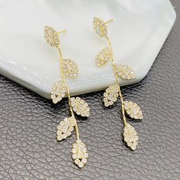 Stud Earrings Luxury Rhinestone Crystal Leaves Tassel Earring For Women 14K Real Gold Plated Trending Bridal Dangling Wedding Jewelry