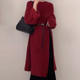 Casual Dresses SuperAen 2024 Korean Chic Winter Red Round Neck High Slit Design Knee Length Long Knit Dress