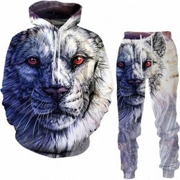 animal Tiger 3D Printed Men's Tracksuit Set Casual Hoodie And Pants 2pcs Sets Autumn Winter Fi Streetwear Man Clothing Suit H1pc#