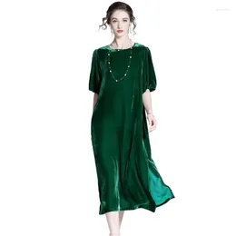 Casual Dresses 2024 Round Neck Lantern Sleeves Medium Sleeve Dress Women's Split Hem Long Gold Velvet Skirt Slim For Women