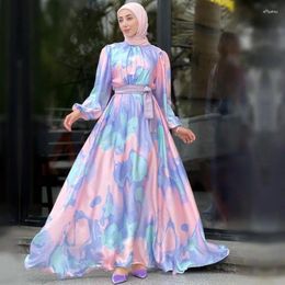 Casual Dresses Fashion Muslim Clothing Satin Abaya Middle East Print Robe Dubai Turkey Islamic Elegant Female Gowns Arab Kaftan Morocco