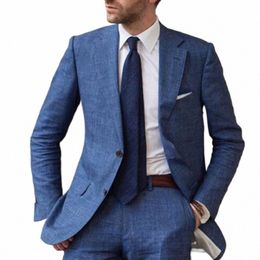 men's Linen Suit 2 Piece Set Casual Slim Fit Vintage Suits Groomsmen Tuxedos Wedding Summer Beach Costume Homme Blazer Pants h94H#