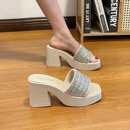 Slippers Luxury crystal womens high heel slider short and chubby dress sandals summer flip 2024 fashionable new beach pump H240328