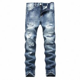 fi Jeans Men Straight Dark Blue Color Printed Mens Jeans Ripped Cott Jeans Destroy Knee Hole Male 36lB#