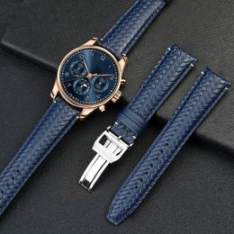 High Quality Cowhide Woven Watchband For IWC IW344205 Portugieser Pilot Watches Portofino Blue Soft Leather Watch Strap 22mm 240315